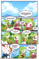 Size: 2000x3045 | Tagged: safe, artist:pantimimi, cinderace, fictional species, gardevoir, mammal, tsareena, anthro, comic:pokemaniac lover, nintendo, pokémon, blushing, cloud, comic, dialogue, eating, english, eyes closed, female, food, grin, group, heart, high res, leaning back, lidded eyes, looking at each other, open mouth, open smile, outdoors, sitting, smiling, spoon, starter pokémon, talking, tongue, trio, trio female, wide eyes