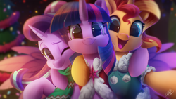 Size: 2000x1125 | Tagged: safe, artist:light262, starlight glimmer (mlp), sunset shimmer (mlp), twilight sparkle (mlp), alicorn, equine, fictional species, mammal, pony, unicorn, feral, friendship is magic, hasbro, my little pony, 16:9, 2018, christmas, christmas lights, christmas tree, clothes, conifer tree, cute, female, females only, group, holiday, hooves, hug, lights, looking at you, one eye closed, open mouth, scarf, signature, smiling, smiling at you, tree, trio, trio female, wallpaper, wings, winking