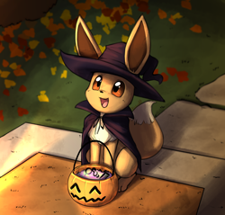 Size: 2010x1924 | Tagged: safe, artist:otakuap, eevee, eeveelution, fictional species, mammal, feral, nintendo, pokémon, 2020, 2d, ambiguous gender, autumn, brown body, brown fur, candy, cape, clothes, costume, cute, doormat, fluff, food, fur, grass, halloween, halloween costume, happy, hat, holiday, leaf, looking at something, open mouth, outdoors, outfit, porch, pumpkin, pumpkin bucket, sitting, smiling, solo, solo ambiguous, tail, tail fluff, tongue, trick or treat, vegetables