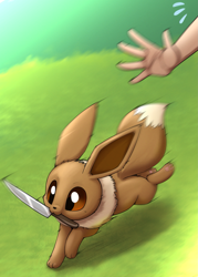 Size: 1603x2243 | Tagged: safe, artist:otakuap, eevee, eeveelution, fictional species, human, mammal, feral, humanoid, nintendo, pokémon, ambiguous gender, cute, duo, duo ambiguous, fluff, forest, grass, holding, knife, mouth hold, paw pads, paws, running, tail, tail fluff, thief, underpaw