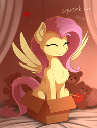 Size: 1400x1845 | Tagged: safe, artist:yakovlev-vad, fluttershy (mlp), equine, fictional species, mammal, pegasus, pony, feral, friendship is magic, hasbro, my little pony, 2017, :3, box, chest fluff, cute, digital art, ear fluff, eyelashes, eyes closed, feathered wings, feathers, female, fluff, fur, in a box, indoors, mare, plushie, sitting, smiling, solo, solo female, spread wings, tail, teddy bear, ungulate, wholesome, wings, yellow body, yellow feathers, yellow fur