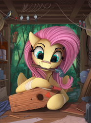 Size: 1810x2430 | Tagged: safe, artist:yakovlev-vad, fluttershy (mlp), equine, fictional species, mammal, pegasus, pony, feral, friendship is magic, hasbro, my little pony, 2016, craft, cyan eyes, earbuds, feathers, female, fur, hair, hammer, mane, mare, photo, pink hair, pink mane, smiling, solo, solo female, wings, wood, yellow body, yellow feathers, yellow fur