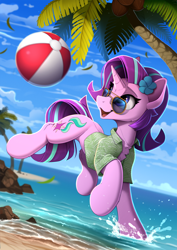 Size: 1690x2390 | Tagged: safe, artist:yakovlev-vad, starlight glimmer (mlp), equine, fictional species, mammal, pony, unicorn, feral, friendship is magic, hasbro, my little pony, 2d, ball, beach, beach ball, clothes, cute, female, flower, flower in hair, fur, glasses, hair, hair accessory, horn, mare, palm tree, shirt, smiling, solo, solo female, sunglasses, tail, topwear, tree, ungulate, water