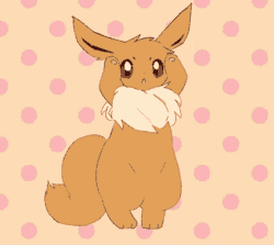 Size: 640x572 | Tagged: safe, artist:cco00oo, eevee, eeveelution, fictional species, mammal, feral, nintendo, pokémon, 2020, 2d, 2d animation, abstract background, ambiguous gender, animated, animated background, bipedal, brown body, brown eyes, brown fur, cute, dancing, digital art, fluff, frame by frame, fur, gif, neck fluff, orange background, pattern background, paws, solo, solo ambiguous, spotted background, tail, tail fluff, underpaw