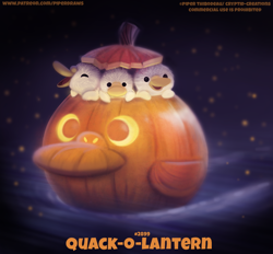 Size: 650x602 | Tagged: safe, artist:cryptid-creations, bird, duck, waterfowl, feral, cute, food, halloween, holiday, jack-o-lantern, night, pumpkin, vegetables