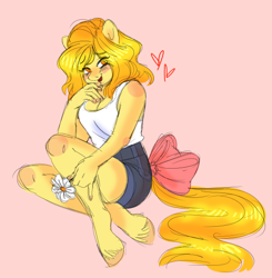 Size: 540x551 | Tagged: safe, artist:ask-butterscotch, artist:robiinart, oc, oc only, oc:butterscotch, earth pony, equine, fictional species, mammal, pony, anthro, unguligrade anthro, hasbro, my little pony, anthrofied, blushing, bottomwear, bow, clothes, female, flower, heart, hooves, looking at you, orange eyes, shorts, smiling, solo, solo female, tail, tail bow, tank top, topwear