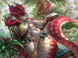 Size: 1200x900 | Tagged: suggestive, artist:levelviolet, fictional species, reptile, snake, anthro, naga, belly, breasts, detailed background, female, garden, jewelry, scales, slightly chubby, snake tail, solo, solo female, tail