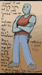 Size: 1024x1821 | Tagged: safe, artist:erhannis, oc, oc only, oc:gunka (erhannis), alien, fictional species, humanoid, bald, belt, clothes, crossed arms, female, gradient background, gray skin, hammer, jeans, lojban, looking at you, low angle, muscles, muscular female, pants, shoes, signature, skin, smiling, solo, solo female, tank top, text, topwear