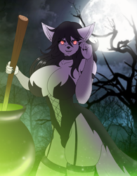 Size: 674x866 | Tagged: suggestive, artist:desingahv, canine, dog, husky, mammal, anthro, 2020, armwear, breasts, cauldron, clothes, commission, crotch bulge, ear fluff, ears, fluff, full moon, fur, halloween, holiday, huge breasts, intersex, intersex female, jug, legwear, loincloth, looking at you, moon, red eyes, solo, solo intersex female, suspenders, thigh highs, white body, white fur, witch, witch costume, ych result