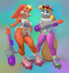 Size: 1367x1444 | Tagged: safe, artist:gumdrops, lola bunny (looney tunes), minerva mink (animaniacs), wile e. coyote (looney tunes), canine, coyote, lagomorph, mammal, mink, mustelid, rabbit, anthro, plantigrade anthro, animaniacs, looney tunes, warner brothers, backwards ballcap, baseball cap, belly button, bikini, bottomwear, breasts, buckteeth, cap, cleavage, clothes, crossover, duo, duo female, eyeshadow, female, glasses, glasses on head, gloves, hat, heart glasses, holding object, lidded eyes, looking at you, makeup, roller skates, smiling, socks, sunglasses, swimsuit, tail, tank top, teeth, topwear, water gun