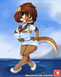 Size: 2292x2888 | Tagged: safe, artist:siroc, oc, oc only, oc:pearl aurora (wirelessshibe), mammal, mustelid, otter, anthro, plantigrade anthro, amber eyes, big breasts, bottomwear, breasts, brown body, brown fur, brown hair, clothes, cream body, cream fur, detailed background, female, fur, hair, hand on hip, hat, high res, looking at you, nail polish, navy, necktie, ocean, patreon logo, shoes, short hair, skirt, solo, solo female, tail, uniform, water, whiskers