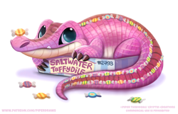 Size: 900x579 | Tagged: safe, artist:cryptid-creations, crocodile, crocodilian, fictional species, food creature, hybrid, reptile, feral, ambiguous gender, candy, cryptid-creations is trying to murder us, cute, food, pink scales, pun, scales, simple background, solo, solo ambiguous, tail, visual pun, white background