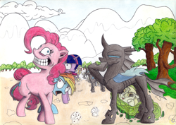 Size: 3840x2724 | Tagged: safe, artist:moon flower, furbooru exclusive, applejack (mlp), derpy hooves (mlp), fluttershy (mlp), pinkie pie (mlp), rainbow dash (mlp), rarity (mlp), spike (mlp), twilight sparkle (mlp), arthropod, changeling, dragon, earth pony, equine, fictional species, mammal, pegasus, pony, unicorn, western dragon, feral, semi-anthro, series:moon flower's my little pony: friendship is magic comic issue #1 fan art, friendship is magic, hasbro, my little pony, 2016, ambiguous gender, angry, blue body, blue eyes, blue fur, blue sclera, box, bush, cloud, colored, colored sclera, coloured pencil drawing, creepy, crumbs, disguise, disguised changeling, english, english text, female, folded wings, forest, fur, goo, grass, gray body, gray fur, gray skin, green eyes, green skin, grin, gritted teeth, group, hair, high res, hill, hooves, horn, insect wings, leaning forward, line-up, logo, looking at each other, male, mane, mare, moon flower logo, mountain, mountain range, muffin, open mouth, orange body, orange fur, orange hair, outdoors, pencil drawing, pink body, pink eyes, pink fur, pink hair, purple body, purple eyes, purple fur, purple hair, purple skin, rainbow hair, raised leg, red hair, scenery, shrunken pupils, side view, skin, slit pupils, smiling, squinting, standing, suspicious, tail, teeth, text, tongue, tongue out, traditional art, trapped, tree, trembling, wall of tags, wings, work in progress, yellow eyes, yellow hair