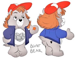 Size: 452x350 | Tagged: safe, artist:the lone rodent, oc, oc:blunt bear, bear, fictional species, mammal, semi-anthro, care bears, 2d, bottomless, butt, care bear, character sheet, clothes, low res, male, partial nudity, solo, solo male, sweater, topwear