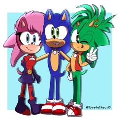 Size: 1280x1312 | Tagged: safe, artist:speedychaos15, manic the hedgehog (sonic), sonia the hedgehog (sonic), sonic the hedgehog (sonic), hedgehog, mammal, anthro, sega, sonic the hedgehog (series), sonic underground, 2020, female, group, male, one eye closed, quills, siblings, trio, winking