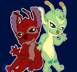 Size: 1200x1133 | Tagged: safe, artist:shadeofrae, bonnie (lilo & stitch), leroy (lilo & stitch), alien, experiment (lilo & stitch), fictional species, semi-anthro, disney, lilo & stitch, 2020, 4 fingers, 5 fingers, antennae, arm marking, black eyes, blue background, blue eyes, body markings, brown nose, claws, dipstick antennae, duo, fangs, female, flat colors, fluff, forehead marking, fur, green body, green fur, head fluff, leg marking, male, multicolored antennae, multiple arms, outline, red body, red fur, red nose, sharp teeth, simple background, teeth, watermark, yellow teeth