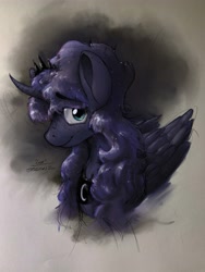 Size: 3000x4000 | Tagged: safe, artist:th3ipodm0n, princess luna (mlp), alicorn, equine, fictional species, mammal, pony, feral, friendship is magic, hasbro, my little pony, bust, female, horn, mare, portrait, solo, solo female, wings