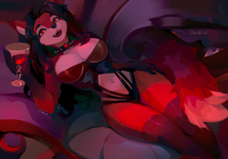 Size: 1280x895 | Tagged: safe, artist:darkiri, oc, oc only, canine, fictional species, fox, mammal, undead, vampire, anthro, big breasts, blood, breasts, chalice, cleavage, clothes, fangs, female, legwear, looking at you, lying down, sharp teeth, smiling, solo, solo female, stockings, teeth, vixen