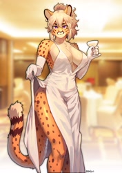 Size: 2067x2923 | Tagged: safe, artist:pgm300, oc, oc only, oc:alexandra (velocitycat), cheetah, feline, mammal, anthro, 2020, absolute cleavage, alcohol, big breasts, body markings, bottomwear, breasts, cheek fluff, cleavage, cleavage fluff, clothes, curvy, dress, drink, ear fluff, evening gloves, female, fluff, gloves, hair, high res, hourglass figure, legs, long gloves, looking at you, nipple outline, pale belly, ponytail, purple eyes, seductive, sexy, shoulder fluff, side slit, sideboob, skirt, skirt lift, solo, solo female, tail, tail fluff, thick thighs, thighs, wide hips