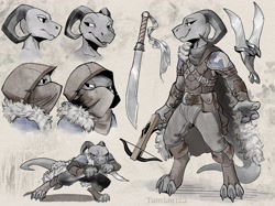 Size: 2732x2048 | Tagged: safe, artist:taborlin123, fictional species, kobold, reptile, anthro, armor, crossbow, dagger, high res, hood, horns, male, reference sheet, solo, solo male, sword, tail, weapon