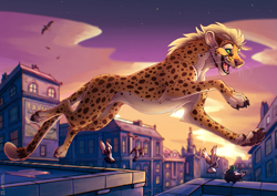 Size: 1275x902 | Tagged: safe, artist:tazara, oc, oc only, bird, cheetah, feline, mammal, feral, fur, green eyes, jumping, male, open mouth, outdoors, paws, scenery, solo, solo male, spotted fur, tail, teeth, tongue