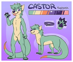 Size: 1280x1088 | Tagged: safe, artist:keavemind, oc, oc only, oc:castor (shiningcastor), canine, fox, hybrid, mammal, mustelid, otter, anthro, feral, plantigrade anthro, 2019, blep, collar, color palette, complete nudity, cream body, cream fur, digital art, duality, eyebrow through hair, eyebrows, featureless crotch, fluff, fur, hair, long tail, male, no pupils, nudity, paw pads, paws, pubic fluff, purple eyes, purple nose, reference sheet, smiling, solo, solo male, tail, teal fur, teal hair, tongue, tongue out, webbed hands, whiskers