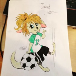 Size: 852x852 | Tagged: safe, artist:the lone rodent, oc, oc:janet joey, kangaroo, mammal, marsupial, anthro, 2d, character sheet, female, irl, looking at you, macropod, photo, photographed artwork, soccer ball, solo, solo female, traditional art