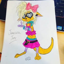 Size: 350x350 | Tagged: safe, artist:the lone rodent, oc, oc:jamesina joey, kangaroo, mammal, marsupial, anthro, 2d, character sheet, female, irl, low res, macropod, photo, photographed artwork, solo, solo female, traditional art