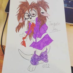 Size: 350x350 | Tagged: safe, artist:the lone rodent, oc, oc:jaquely joey, kangaroo, mammal, marsupial, anthro, 2d, character sheet, female, irl, low res, macropod, photo, photographed artwork, solo, solo female, traditional art