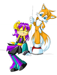 Size: 1000x1303 | Tagged: safe, artist:infatuated-lassie, miles "tails" prower (sonic), mina mongoose (sonic), canine, fox, mammal, mongoose, red fox, anthro, archie sonic the hedgehog, sega, sonic the hedgehog (series), 2006, dipstick tail, duo, female, fluff, male, multiple tails, orange tail, sleeping, tail, tail fluff, tailina (sonic), two tails, white tail