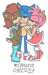 Size: 595x921 | Tagged: safe, artist:cmara, amy rose (sonic), princess sally acorn (sonic), sonic the hedgehog (sonic), chipmunk, hedgehog, mammal, rodent, anthro, archie sonic the hedgehog, sega, sonic the hedgehog (series), 2017, bisexual, eyes closed, female, female/female, interspecies, kiss on the cheek, kissing, male, male/female, polyamory, quills, shipping, sonally (sonic), sonamy (sonic), sonic gets all the girls, sonsalamy (sonic), traditional art
