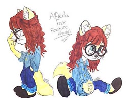 Size: 454x350 | Tagged: safe, artist:the lone rodent, oc, oc:alfreda fox, canine, fox, mammal, red fox, anthro, 2d, character sheet, female, glasses, low res, meganekko, round glasses, simple background, solo, solo female, traditional art, vixen, white background
