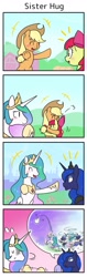 Size: 720x2267 | Tagged: safe, artist:wakyaot34, apple bloom (mlp), applejack (mlp), princess celestia (mlp), princess luna (mlp), alicorn, earth pony, equine, fictional species, mammal, pony, feral, friendship is magic, hasbro, my little pony, comic, eyes closed, female, females only, hug, siblings, sister, sisters, smiling, sparkly mane
