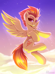 Size: 1850x2500 | Tagged: safe, artist:shadowreindeer, spitfire (mlp), equine, fictional species, mammal, pegasus, pony, feral, friendship is magic, hasbro, my little pony, chest fluff, cloud, female, fluff, flying, hooves, lidded eyes, looking at you, orange eyes, sky, smiling, solo, solo female, spread wings, stars, tail, underhoof, wings