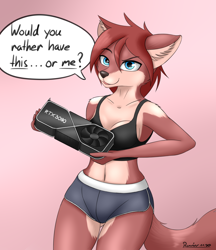 Size: 3200x3700 | Tagged: safe, artist:ravirr94, oc, oc only, canine, fox, mammal, anthro, nvidia, blue eyes, bottomwear, brown body, brown fur, brown hair, cheek fluff, clothes, crop top, ear fluff, female, fluff, fur, gradient background, hair, high res, holding, looking at you, midriff, pale belly, rtx 3090, shorts, shoulder fluff, solo, solo female, speech bubble, tail, tail fluff, tan body, tan fur, tank top, thigh gap, topwear, vixen