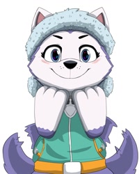 Size: 1024x1280 | Tagged: safe, artist:diacordst, everest (paw patrol), canine, dog, husky, mammal, nordic sled dog, feral, nickelodeon, paw patrol, beanie, black nose, blushing, clothes, collar, cute, digital art, ears, eyebrows, eyelashes, female, fur, hat, looking at you, multicolored fur, paws, purple body, purple fur, purple tail, smiling, smiling at you, solo, solo female, standing, sweater, tail, tail wag, topwear, two toned body, two toned fur, white body, white fur
