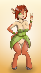 Size: 1857x3301 | Tagged: safe, artist:ravirr94, elora (spyro), faun, fictional species, mammal, anthro, unguligrade anthro, spyro the dragon (series), areola, breasts, brown body, brown fur, brown hair, butt, cleavage, cloven hooves, eyebrow through hair, eyebrows, eyelashes, female, fluff, fur, gesture, gradient background, green eyes, hair, hand on hip, heart, hooves, leaf, leg fluff, looking at you, love heart, one eye closed, open mouth, open smile, pale belly, peace sign, short hair, short tail, shoulder fluff, smiling, smiling at you, solo, solo female, tail, tan body, tan fur, thigh gap, underass, wide hips, winking
