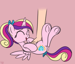 Size: 700x600 | Tagged: safe, artist:littlenaughtypony, princess cadence (mlp), alicorn, equine, fictional species, mammal, pony, feral, friendship is magic, hasbro, my little pony, 2d, 2d animation, animated, behaving like a cat, cute, disembodied hand, eyes closed, female, frog (hoof), gif, hair, hand, hoofbutt, hooves, lying down, on back, ponytail, smiling, tickling, underhoof, wholesome