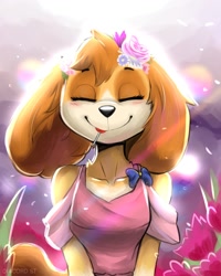Size: 1024x1280 | Tagged: safe, artist:diacordst, skye (paw patrol), canine, cockapoo, dog, mammal, anthro, nickelodeon, paw patrol, blushing, clothes, cute, detailed background, digital art, dress, ears, eyelashes, eyes closed, female, flower, flower in hair, flower on head, fur, hair, hair accessory, lollipop, multicolored fur, smiling, solo, solo female, tail, tan body, tan fur, tan tail, two toned body, two toned fur