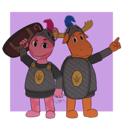 Size: 1280x1280 | Tagged: safe, artist:laaura-te, tyrone (the backyardigans), uniqua (the backyardigans), cervid, mammal, moose, uniqua (species), anthro, nickelodeon, the backyardigans, 2d, duo, female, knight, male, partially transparent background, simple background, transparent background, ungulate, young