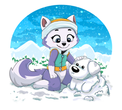 Size: 2000x1800 | Tagged: safe, artist:diacordst, everest (paw patrol), canine, dog, husky, mammal, nordic sled dog, feral, nickelodeon, paw patrol, beanie, black nose, blep, blue eyes, clothes, detailed background, digital art, ears, eyelashes, female, fur, happy, hat, paws, purple body, purple fur, purple tail, smiling, snow, snowman, solo, solo female, sweater, tail, tongue, tongue out, topwear, white body, white fur