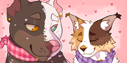 Size: 2000x1000 | Tagged: safe, artist:littlecoyote, oc, oc only, oc x oc, canine, cat, dog, feline, mammal, pit bull, feral, 2020, abstract background, ambiguous gender, bandanna, blushing, brown body, brown fur, bust, clothes, digital art, duo, ear fluff, ear tuft, ears, eyelashes, eyes closed, fluff, front view, fur, head fluff, heart, heart eyes, heterochromia, interspecies, mottled fur, pink nose, portrait, shipping, tan body, tan fur, three-quarter view, torn ear, white body, white fur, wingding eyes