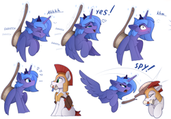 Size: 2300x1604 | Tagged: safe, artist:yakovlev-vad, princess luna (mlp), royal guard (mlp), alicorn, equine, fictional species, mammal, pony, feral, friendship is magic, hasbro, my little pony, 2020, :t, >w<, armor, blue eyes, blue hair, blushing, bonk, broken, brush, brushie, brushing, caught, chest fluff, colored, comic, digital art, duo, feathered wings, feathers, female, fluff, fur, green eyes, hair, heart, helmet, hit, holding, magic, male, mare, mouth hold, onomatopoeia, purple body, purple feathers, purple fur, saddle bag, scroll, shouting, side view, sitting, spread wings, talking, teeth, telekinesis, text, tongue, white body, white fur, wings