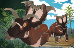 Size: 1280x825 | Tagged: safe, artist:art of the beast, ceratops, dinosaur, kosmoceratops, feral, lifelike feral, 2020, ambiguous gender, ambiguous only, brown body, cream body, digital art, duo, duo ambiguous, horns, leaf, non-sapient, outdoors, realistic, solo, solo ambiguous, tree, yellow eyes