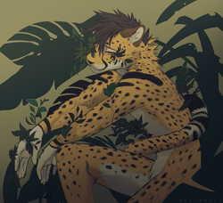 Size: 1093x998 | Tagged: safe, artist:angiewolf, oc, oc only, oc:panzica (panzicachee), cheetah, feline, mammal, anthro, 2020, black body, black fur, black hair, brown body, brown fur, cheek fluff, complete nudity, cream body, cream fur, digital art, ear fluff, featureless crotch, fluff, fur, hair, leaf, male, neck fluff, nudity, pubic fluff, side view, signature, sitting, solo, solo male, spotted fur, tail, whiskers, yellow body, yellow eyes, yellow fur