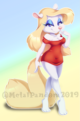 Size: 701x1059 | Tagged: dead source, safe, artist:metalpandora, minerva mink (animaniacs), mammal, mink, mustelid, anthro, animaniacs, warner brothers, 2019, barefoot, bedroom eyes, blonde hair, blue eyes, bottomwear, breasts, clothes, digital art, dress, eyelashes, eyeshadow, female, fur, gradient background, hair, looking at you, makeup, outline, pink nose, red clothes, red dress, signature, solo, solo female, white body, white fur, white outline