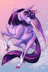 Size: 3000x4500 | Tagged: safe, artist:faline-art, twilight sparkle (mlp), alicorn, equine, fictional species, mammal, pony, feral, friendship is magic, hasbro, my little pony, 2020, cute, feathered wings, feathers, female, high res, hoers, horn, mare, multicolored mane, multicolored tail, purple body, purple eyes, smiling, socks (leg marking), solo, solo female, stars, tail, wings