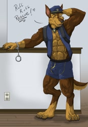 Size: 892x1280 | Tagged: safe, artist:cedric_doggory, chase (paw patrol), canine, dog, german shepherd, mammal, anthro, digitigrade anthro, nickelodeon, paw patrol, abs, armpits, belly button, biceps, black nose, bottomwear, brown body, brown fur, bulge, clothes, collar, crotch bulge, digital art, ears, fur, handcuffs, hat, jacket, male, multicolored fur, muscles, muscular male, older, one eye closed, pecs, police hat, police uniform, red eyes, shorts, solo, solo male, tail, tan body, tan fur, topwear, two toned body, two toned fur, vest