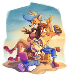 Size: 850x924 | Tagged: dead source, safe, artist:alaynakgray, coco bandicoot (crash bandicoot), crash bandicoot (crash bandicoot), tawna bandicoot (crash bandicoot), bandicoot, mammal, marsupial, anthro, crash bandicoot (series), cell phone, female, group, laptop, male, phone, selfie, smartphone, tongue, tongue out, trio