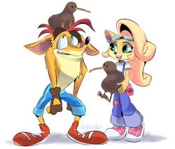 Size: 900x768 | Tagged: safe, artist:jamesjapanese91, coco bandicoot (crash bandicoot), crash bandicoot (crash bandicoot), bandicoot, bird, kiwi, mammal, marsupial, anthro, feral, crash bandicoot (series), ambiguous gender, bottomwear, brother, brother and sister, clothes, female, goggles, male, pants, siblings, sister